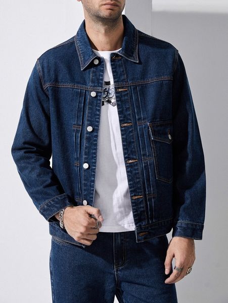 men drop shoulder flap pocket contrast stitch denim jacket 01dr#, Blue 
men drop shoulder flap pocket contrast stitch denim jacket 01dr#, Blue