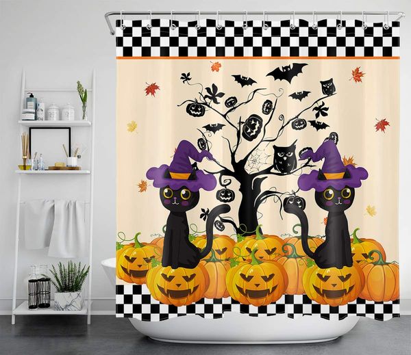 halloween pumpkin shower curtain, funny black cat with magic witch purple hat on pumpkin black and white plaid shower curtains
halloween pumpkin shower curtain, funny black cat with magic witch purple hat on pumpkin black and white plaid shower curtains