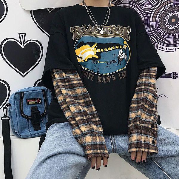 men's t-shirts harajuku plaid tshirt fake two-piece 2021spring autumn korean hip-hop casual loose printed long-sleeved trend, White;black
men's t-shirts harajuku plaid tshirt fake two-piece 2021spring autumn korean hip-hop casual loose printed long-sleeved trend, White;black