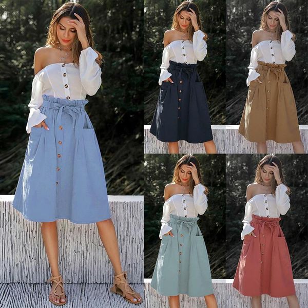 women's pocket solid color skirt summer fashion button a-line elastic waist bowknot ladies girls casual daily streetwear skirts, Black
women's pocket solid color skirt summer fashion button a-line elastic waist bowknot ladies girls casual daily streetwear skirts, Black