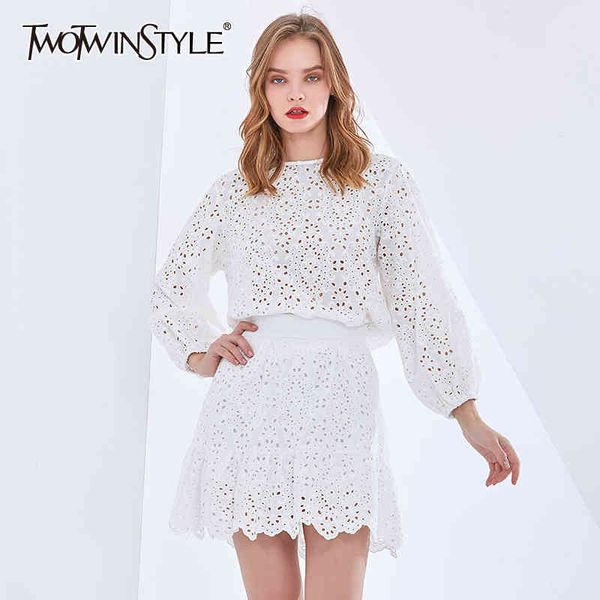 twotwinstyle vintage hollow out set for women o neck lantern sleeve shirt high waist skirt female white two piece set tide 210428
twotwinstyle vintage hollow out set for women o neck lantern sleeve shirt high waist skirt female white two piece set tide 210428