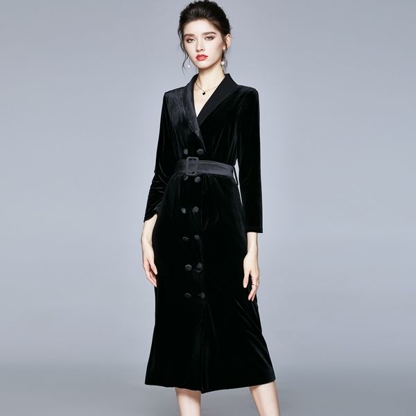 autumn winter runway elegant velvet dress women's notched collar double breasted office work long party with belt 210603, Black;gray
autumn winter runway elegant velvet dress women's notched collar double breasted office work long party with belt 210603, Black;gray