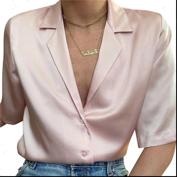 women blouses summer fashion satin solid color suit shirt v neck short sleeve elegant silk shirts blouse, White
women blouses summer fashion satin solid color suit shirt v neck short sleeve elegant silk shirts blouse, White