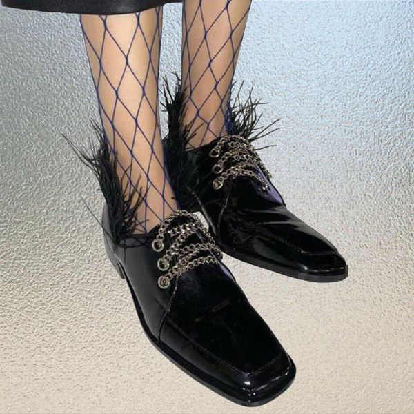 dress shoes fashion feather woman patent leather ladies chains loafers square toe zapatos de mujer block heels fur pumps, Black
dress shoes fashion feather woman patent leather ladies chains loafers square toe zapatos de mujer block heels fur pumps, Black