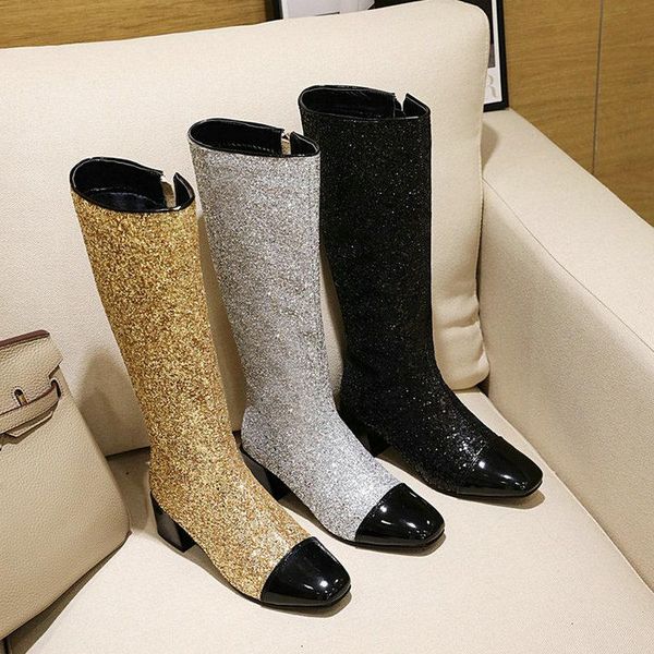 boots 2021 fashion bling women knee high thick heel zipper long ladies winter black silver gold big size 43
boots 2021 fashion bling women knee high thick heel zipper long ladies winter black silver gold big size 43