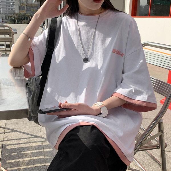 women's t-shirt fake two-piece short sleeve female 2021 summer korean edition splicing letter student loose and versatile half, White
women's t-shirt fake two-piece short sleeve female 2021 summer korean edition splicing letter student loose and versatile half, White