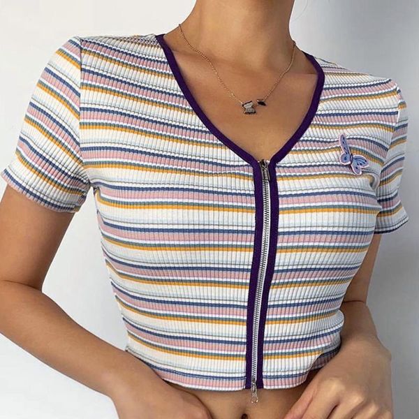 women's t-shirt girls vintage colorful striped zipper crop front butterfly applique summer ribbed v-neck short sleeve t-shirts women, White
women's t-shirt girls vintage colorful striped zipper crop front butterfly applique summer ribbed v-neck short sleeve t-shirts women, White