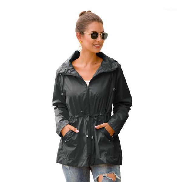 women coat hooded trench waist drawstring design simple solid color casual mid-length clothing zipper pocket decoration women's jackets, Black;brown
women coat hooded trench waist drawstring design simple solid color casual mid-length clothing zipper pocket decoration women's jackets, Black;brown