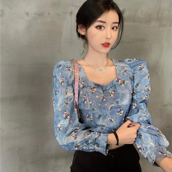 women's retro floral square collar blouse sweet exposed navel long sleeve denim shirt blouses. blouses & shirts, White
women's retro floral square collar blouse sweet exposed navel long sleeve denim shirt blouses. blouses & shirts, White