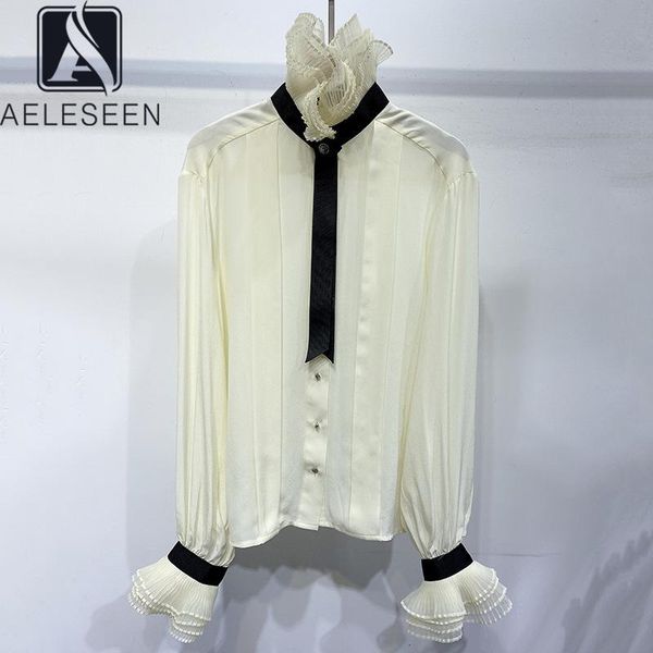 women's blouses & shirts aeleseen 100% silk blouse pleated stand collar ruffles diamonds button black contrast color office ladies, White
women's blouses & shirts aeleseen 100% silk blouse pleated stand collar ruffles diamonds button black contrast color office ladies, White