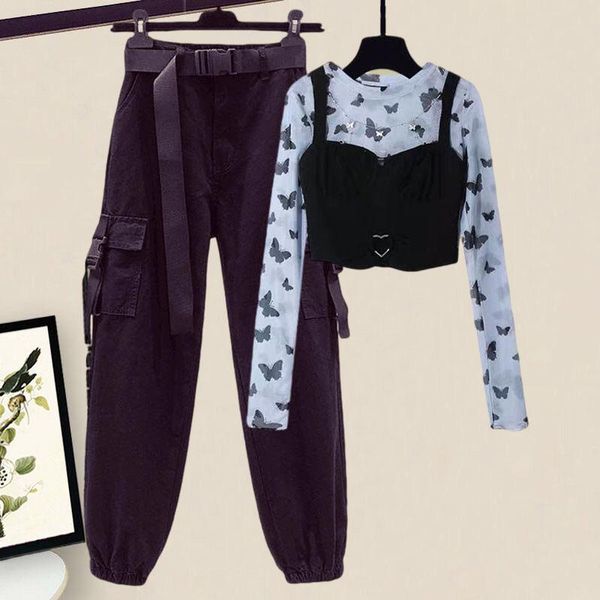 spring fashion two piece set of women's butterfly net bottomed vest cool high waist overalls pants, White
spring fashion two piece set of women's butterfly net bottomed vest cool high waist overalls pants, White