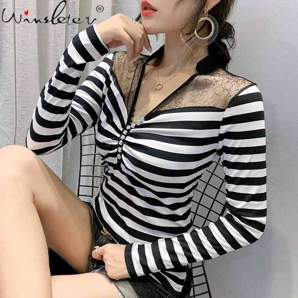 women's t-shirt spring fall european clothes fashion striped v-neck button patchwork mesh ropa mujer slim tees t00003a 8, White
women's t-shirt spring fall european clothes fashion striped v-neck button patchwork mesh ropa mujer slim tees t00003a 8, White