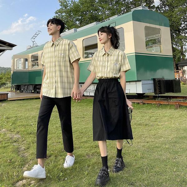 women's t-shirt summer short sleeved shirt men checkered loose casual student suit couples clothes clothing, White
women's t-shirt summer short sleeved shirt men checkered loose casual student suit couples clothes clothing, White
