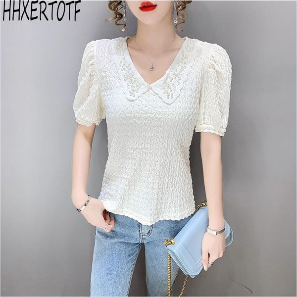women's t-shirt 2021 summer fashion casual women v-neck beaded bubble sleeve solid color slim lace short-sleeved, White
women's t-shirt 2021 summer fashion casual women v-neck beaded bubble sleeve solid color slim lace short-sleeved, White