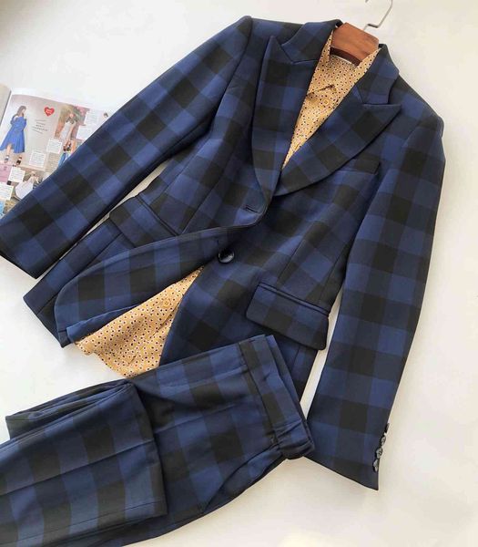 suits women blue and black grid single-breasted collar suit kskx, White;black