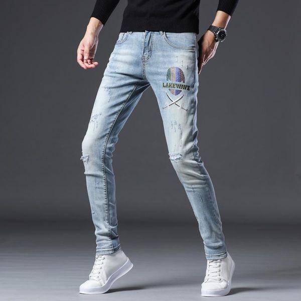 men's jeans skinny light blue ripped biker streetwear hip hop slim man pants guinness for men patchwork,1127
men's jeans skinny light blue ripped biker streetwear hip hop slim man pants guinness for men patchwork,1127
