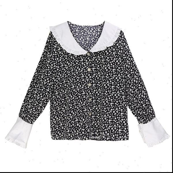 black button floral print ruffle women blouses peter pan collar flare long sleeve korea japan b0757, White
black button floral print ruffle women blouses peter pan collar flare long sleeve korea japan b0757, White