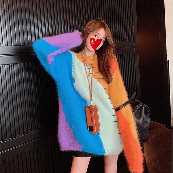 women's sweaters rainbow oil painting crew neck sweater women winter 2021 knitwear fashion striped mink fleece long sleeve pullover thi, White;black
women's sweaters rainbow oil painting crew neck sweater women winter 2021 knitwear fashion striped mink fleece long sleeve pullover thi, White;black