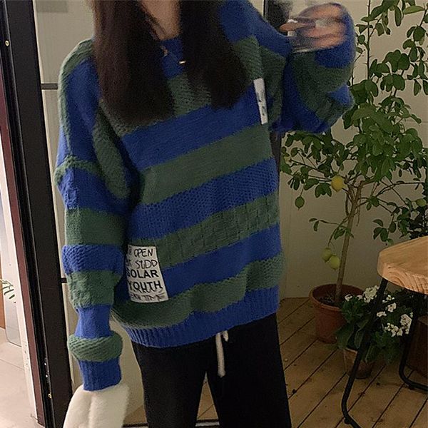 women's sweaters 2021 autumn and winter thick line retro patch contrast color striped sweater loose lazy knit, White;black
women's sweaters 2021 autumn and winter thick line retro patch contrast color striped sweater loose lazy knit, White;black