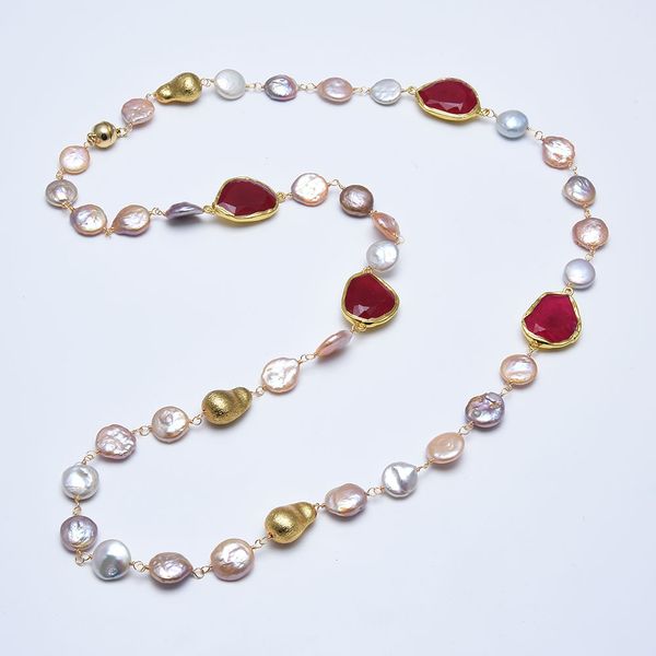guaiguai jewelry natural white pink purple keshi coin pearl gold color plated red agate sweater chain long necklace handmade for women, Silver
guaiguai jewelry natural white pink purple keshi coin pearl gold color plated red agate sweater chain long necklace handmade for women, Silver