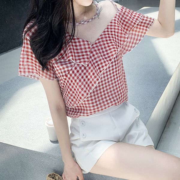suits summer ruffles stitching plaid blouse women's off-shoulder chiffon shirt short sleeve blouses, White;black 
suits summer ruffles stitching plaid blouse women's off-shoulder chiffon shirt short sleeve blouses, White;black
