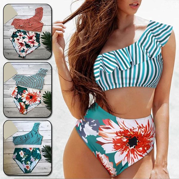women's swimwear floral ruffled hem bikini set women one-shoulder high-waisted two piece swimsuit 2021 girl beach bathing suit biquinis, White;black
women's swimwear floral ruffled hem bikini set women one-shoulder high-waisted two piece swimsuit 2021 girl beach bathing suit biquinis, White;black