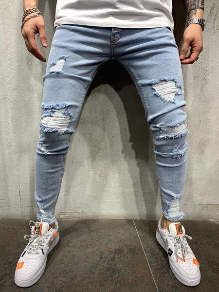 

European American Distrressed Jeans pant high street men's slim pencil scratched denim trousers trendy youthful man ripped jean plus size, Light blue