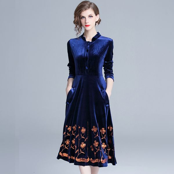 fashionable long sleeve embroidered sequins dress in velvet women's clothes vintage autumn collar the line midi party dresses z7cy, Black;gray
fashionable long sleeve embroidered sequins dress in velvet women's clothes vintage autumn collar the line midi party dresses z7cy, Black;gray