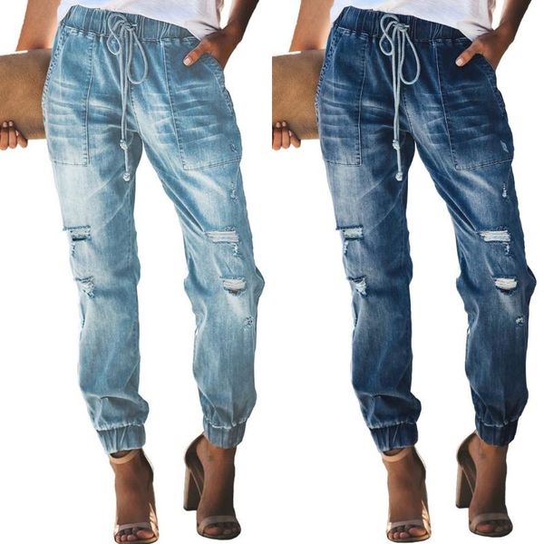women's jeans women vintage elastic waist drawstring washed ripped hole distressed ladies casual denim pants, Blue
women's jeans women vintage elastic waist drawstring washed ripped hole distressed ladies casual denim pants, Blue