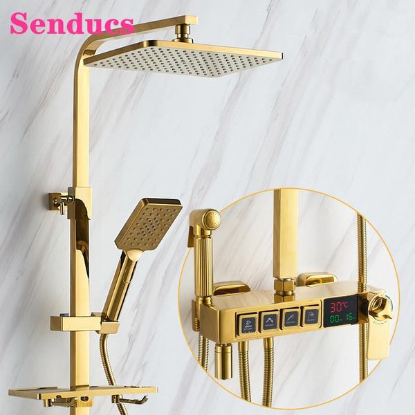 gold bathroom shower set senducs 12 inch rainfall head quality brass bathtub faucet thermostatic digital sets
gold bathroom shower set senducs 12 inch rainfall head quality brass bathtub faucet thermostatic digital sets