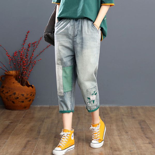 jean summer arts style women elastic waist loose jeans patchwork embroidery cotton denim casual calf-length harem pants s883 jeee, Blue
jean summer arts style women elastic waist loose jeans patchwork embroidery cotton denim casual calf-length harem pants s883 jeee, Blue