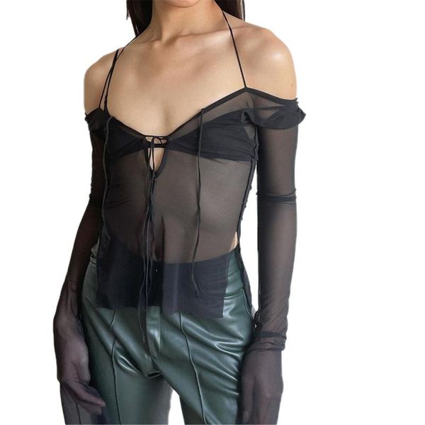 women's blouses & shirts blouse lace-up perspective halter solid color long sleeve vest small v-neck slim for women, White
women's blouses & shirts blouse lace-up perspective halter solid color long sleeve vest small v-neck slim for women, White