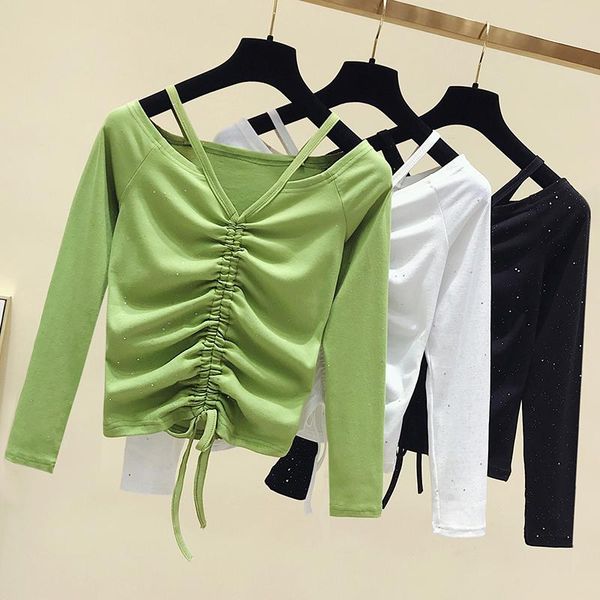 women's t-shirt bandage shirring long sleeve bodycon lady v-neck bright streetwear casual wear, White
women's t-shirt bandage shirring long sleeve bodycon lady v-neck bright streetwear casual wear, White