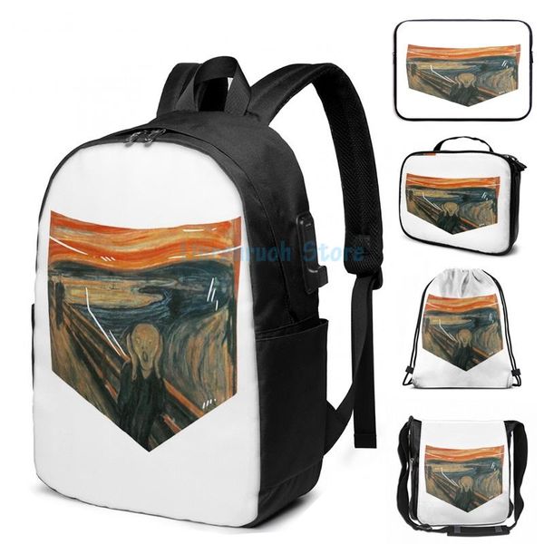 funny graphic print the scream edvard munch breast pocket usb charge backpack men school bags women bag travel laptop
funny graphic print the scream edvard munch breast pocket usb charge backpack men school bags women bag travel laptop