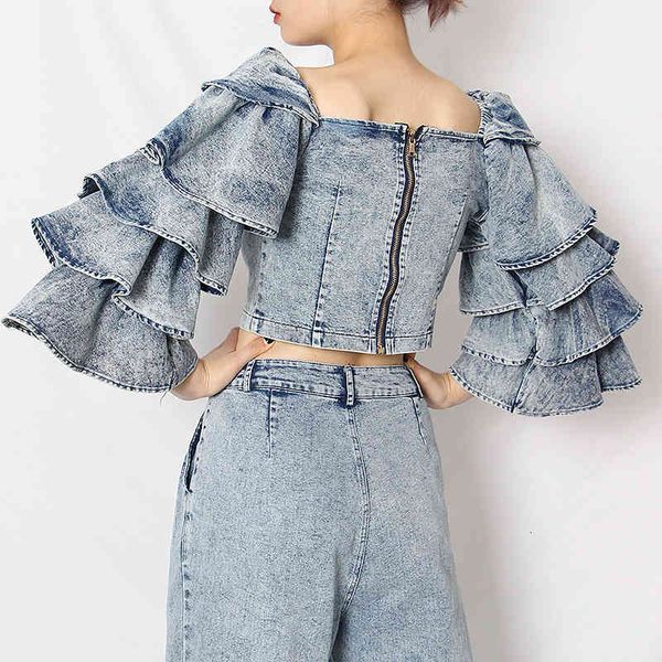 blouses elegant blue denim shirt for women square collar flare sleeve patchwork ruffle casual slim shirts female fashion, White
blouses elegant blue denim shirt for women square collar flare sleeve patchwork ruffle casual slim shirts female fashion, White