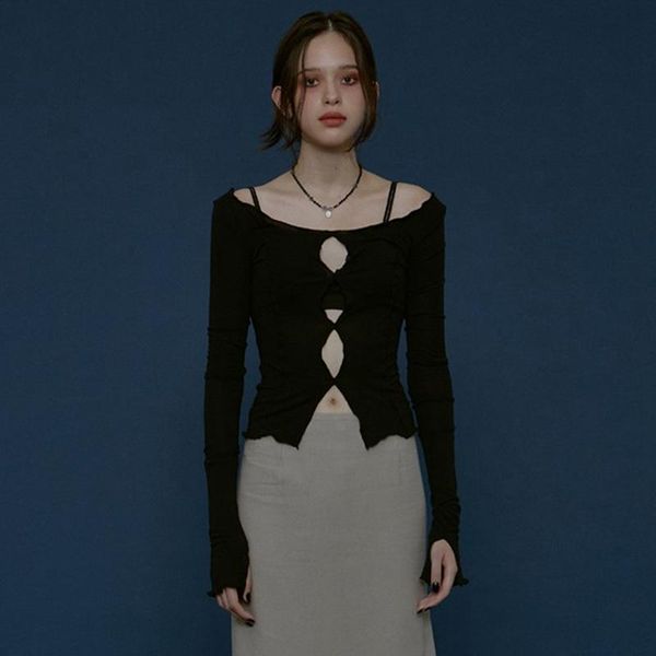 women's t-shirt female punk style off shoulder long sleeve striped line hollow patch street top, White
women's t-shirt female punk style off shoulder long sleeve striped line hollow patch street top, White