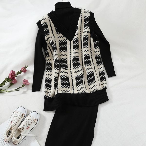 women's two piece pants 2021 fashion set winter high collar slimming knit dress +v-neck plaid retro vest suit, White
women's two piece pants 2021 fashion set winter high collar slimming knit dress +v-neck plaid retro vest suit, White