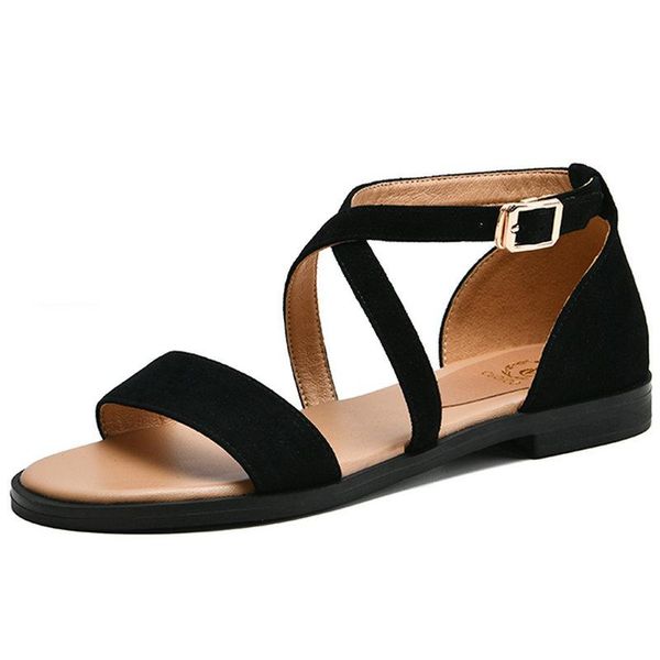 suede leather shoes women sandals black beige ummer casual ladies flat female large size 34-43