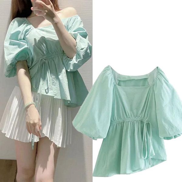 women's t-shirt women summer short sleeve korean style shirt 2021 female solid colours square collar drawstring design loose chic, White
women's t-shirt women summer short sleeve korean style shirt 2021 female solid colours square collar drawstring design loose chic, White