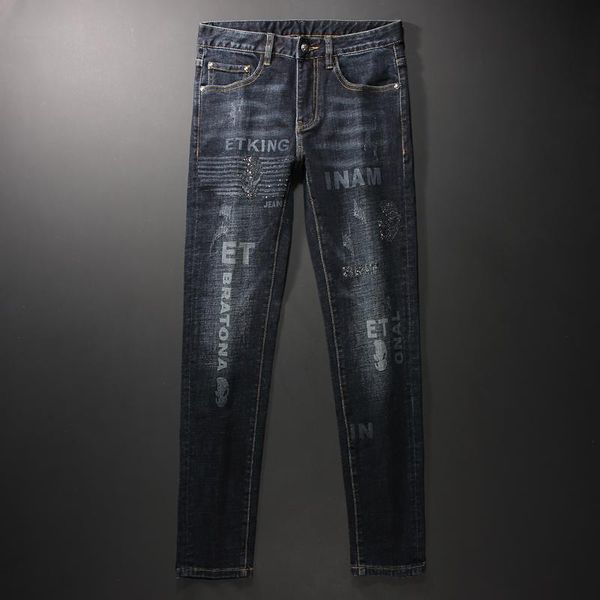 men's jeans european american street fashion men retro elastic slim fit ripped printed skull embroidery designer punk pants, Blue
men's jeans european american street fashion men retro elastic slim fit ripped printed skull embroidery designer punk pants, Blue