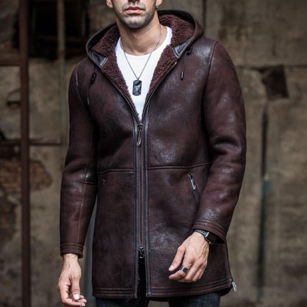 men's leather & faux men vintage mid long hoody genuine jacket military winter warm real fur lining overcoat wool natural shearling coa, Black
men's leather & faux men vintage mid long hoody genuine jacket military winter warm real fur lining overcoat wool natural shearling coa, Black