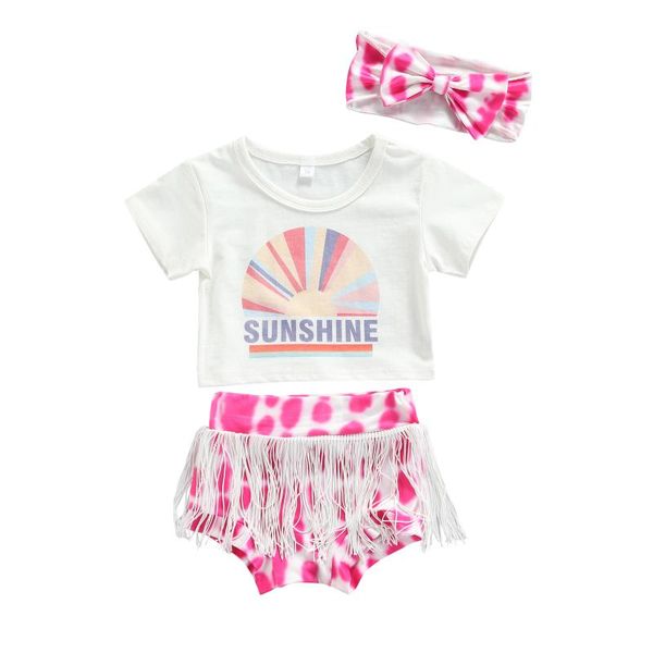 clothing sets 2021 0-24m sweet baby girls clothes fresh sunshine rainbow print short sleeve and tie-dye tassel shorts with headband 3pc, White
clothing sets 2021 0-24m sweet baby girls clothes fresh sunshine rainbow print short sleeve and tie-dye tassel shorts with headband 3pc, White