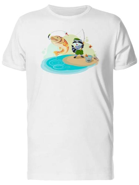 raccoon fishing men's tee -image by shutterstock, White;black 
raccoon fishing men's tee -image by shutterstock, White;black