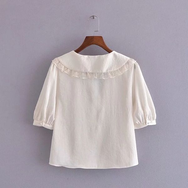 women's blouses & shirts 2021 summer loose tie-up collar doll lace short stitch shirt to woman, White
women's blouses & shirts 2021 summer loose tie-up collar doll lace short stitch shirt to woman, White