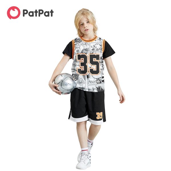 arrival summer kids boy sporty comic print tee and shorts set 210528, White