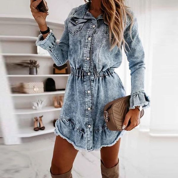 woman casual fashion flare sleeves turn down collar denim dresses elastic waist pockets single breasted mini a-line 2021, Black;gray
woman casual fashion flare sleeves turn down collar denim dresses elastic waist pockets single breasted mini a-line 2021, Black;gray