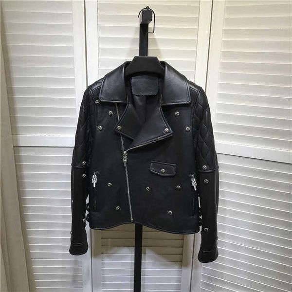 women's leather & faux chic autumn spring brand design genuine rivets jackets fashion real biker b639, Black
women's leather & faux chic autumn spring brand design genuine rivets jackets fashion real biker b639, Black