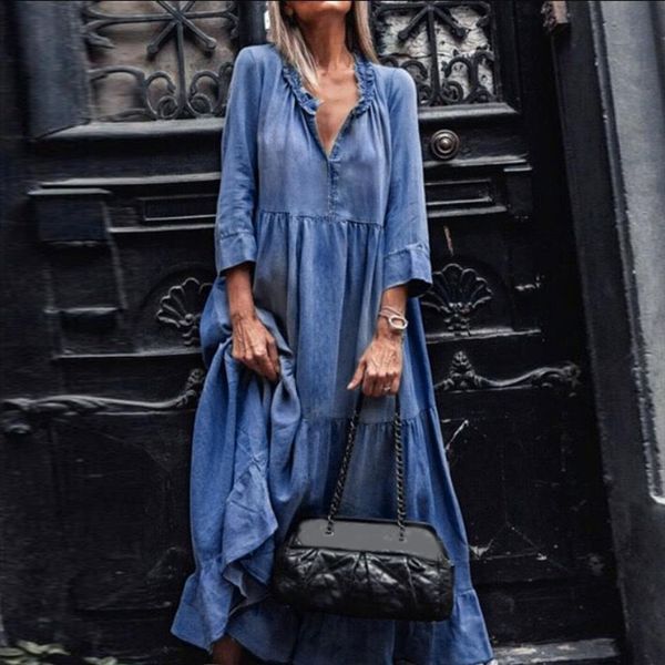 long party dress fashion womens tracksuits casual vintage cowboy 3 4 sleeve v neck loose pleated plus size sukienka j5s, Gray
long party dress fashion womens tracksuits casual vintage cowboy 3 4 sleeve v neck loose pleated plus size sukienka j5s, Gray