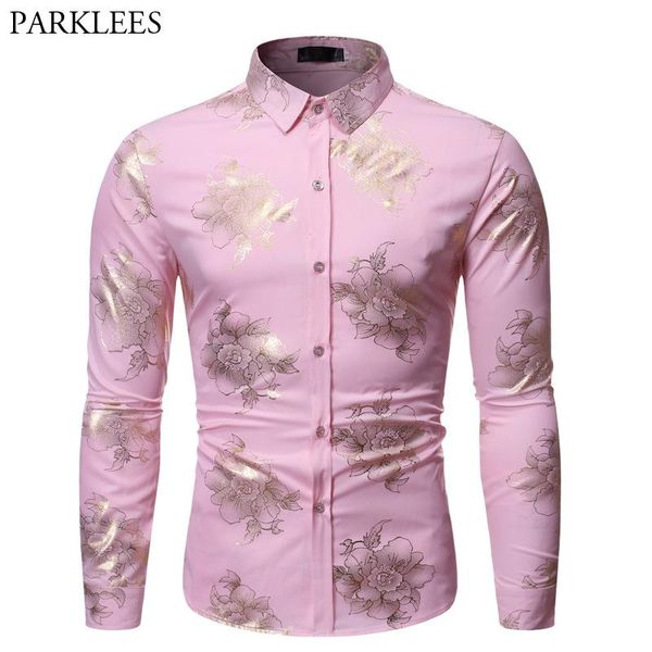 men's casual shirts shiny gold floral print pink shirt men 2021 brand slim fit long sleeve mens dress party wedding social, White;black
men's casual shirts shiny gold floral print pink shirt men 2021 brand slim fit long sleeve mens dress party wedding social, White;black