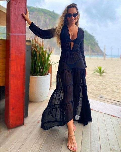 women solid color summer holiday beach dress deep v-neck long sleeve irregular hem see-through one-piece cover ups women's swimwear, White;black
women solid color summer holiday beach dress deep v-neck long sleeve irregular hem see-through one-piece cover ups women's swimwear, White;black